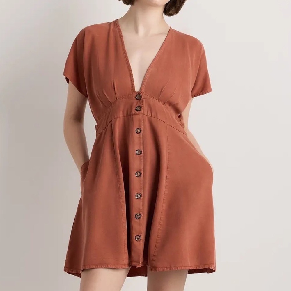 NWT Quince Vintage Wash Tencel Button Front Dress in Terracotta - XSmall